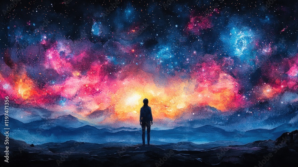 A lone figure stands on a mountaintop, silhouetted against a vibrant night sky filled with stars and nebulas. The scene evokes feelings of wonder, exploration, and the vastness of the universe. A lone figure stands on a mountaintop, silhouetted against a vibrant night sky filled with stars and nebulas. The scene evokes feelings of wonder, exploration, and the vastness of the universe.