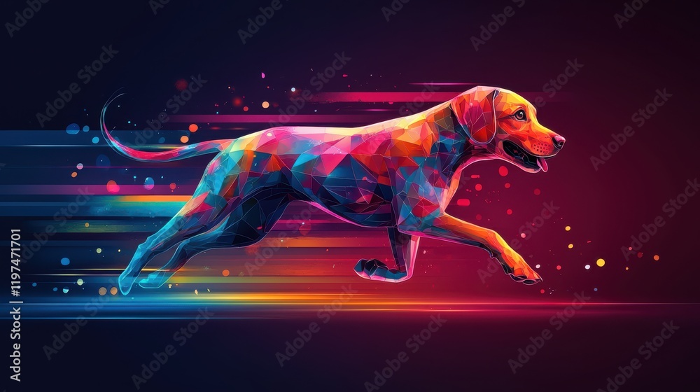 Running dog in polygonal abstract style with neon hues Running dog in polygonal abstract style with neon hues