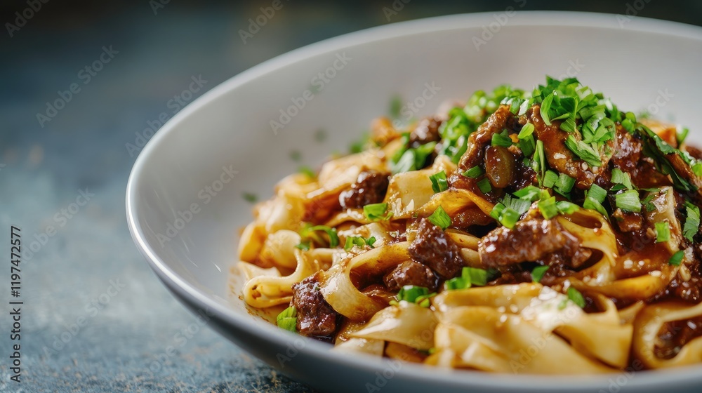 Beef noodles with green onions in a white bowl over a textured background suitable for food advertising with Copy Space available Beef noodles with green onions in a white bowl over a textured background suitable for food advertising with Copy Space available