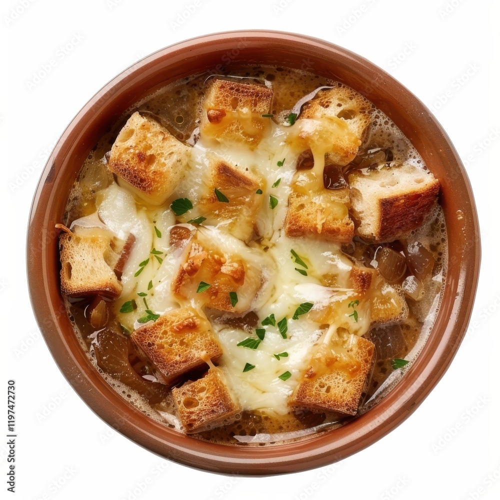 A savory bowl of French onion soup with melted cheese and croutons, isolated white background, hyperrealism art style A savory bowl of French onion soup with melted cheese and croutons, isolated white background, hyperrealism art style