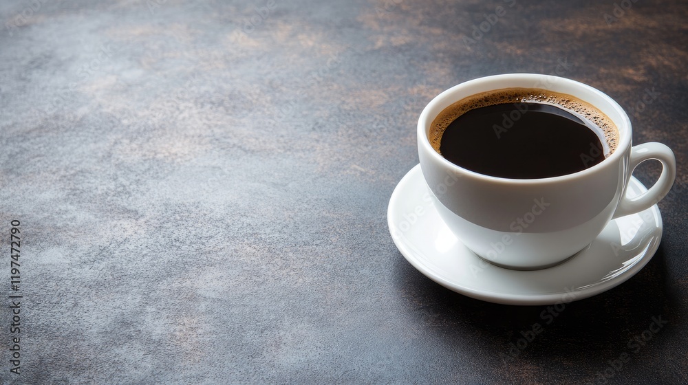 Black coffee in a white cup on a rustic textured surface with copy space for text Black coffee in a white cup on a rustic textured surface with copy space for text