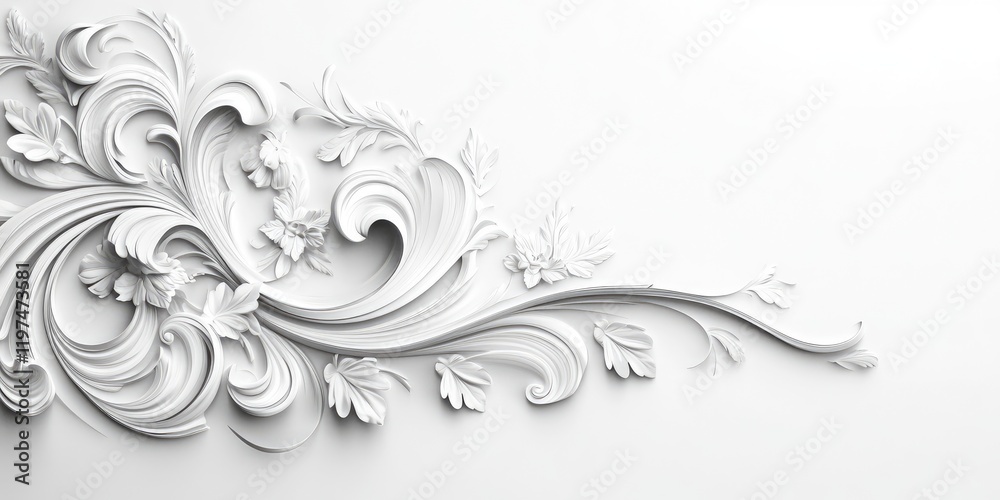Fototapeta premium White ornamental floral relief decoration on a light background with intricate detailing and copy space for text
