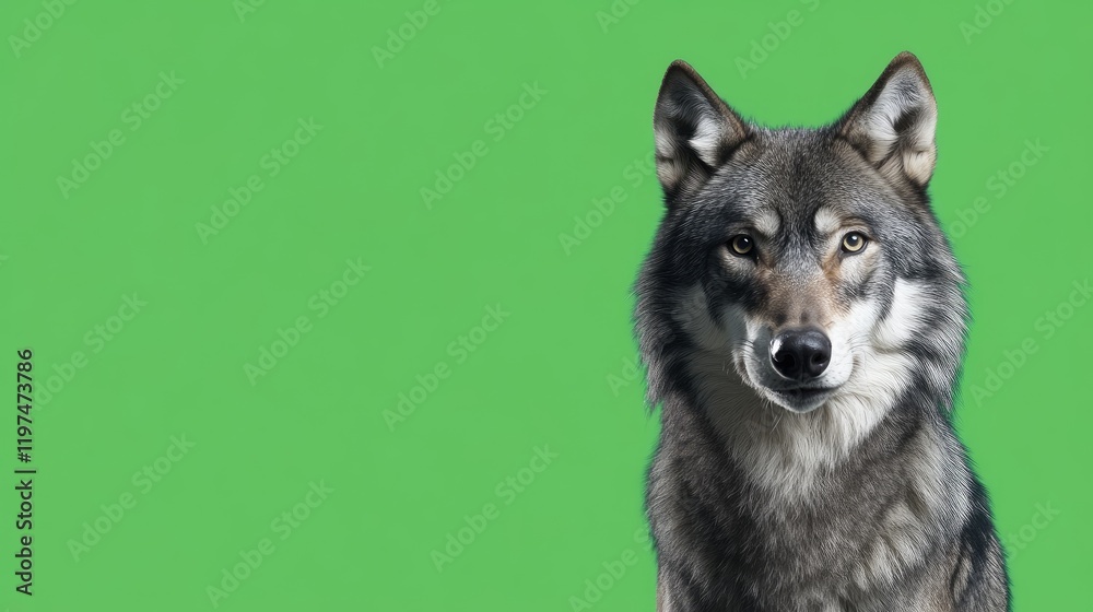 Realistic wolf portrait on green background with copy space suitable for wildlife projects and educational materials. Realistic wolf portrait on green background with copy space suitable for wildlife projects and educational materials.