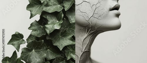 Collage of a neck entwined with ivy leaves representing nature and persistence photo