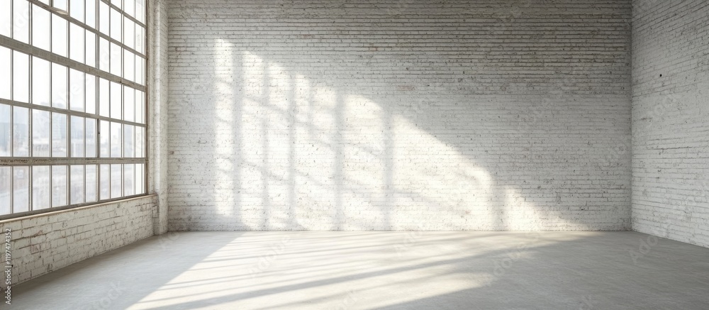 Fototapeta premium Bright industrial interior with large windows casting shadows on a spacious empty room featuring white brick walls and smooth concrete flooring.
