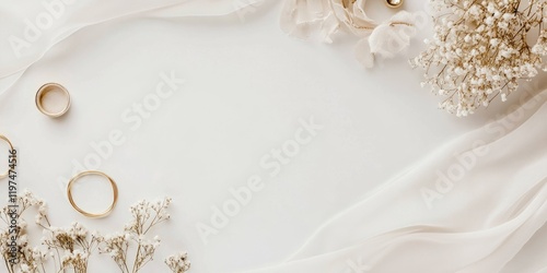 Fototapeta Naklejka Na Ścianę i Meble -  Wedding flat lay composition with gold rings dried flowers and soft fabric on neutral background Copy Space