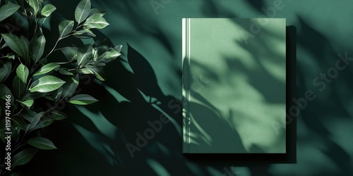 Green hardcover book with shadows and leaves on dark green background Copy Space photo
