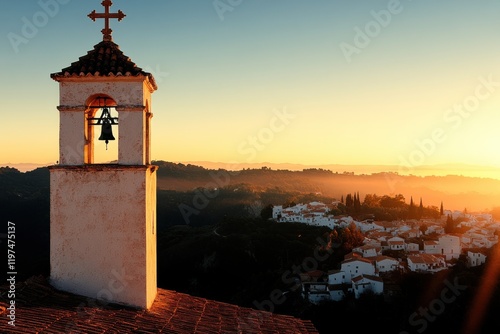 View of a historic bell tower at sunset over a picturesque village in the hills photo