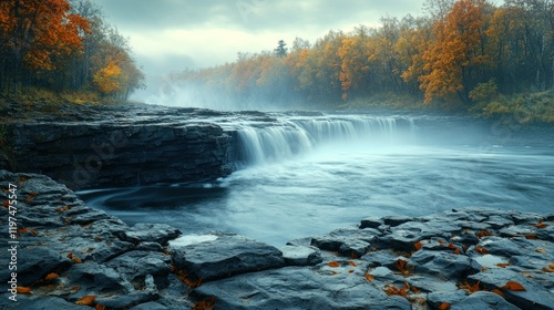 Autumn waterfall, misty river, colorful forest