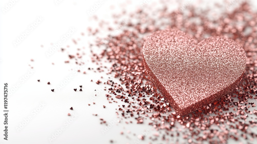A shimmering pink glitter heart rests gracefully on a pristine white surface, capturing the essence of love and romance this Valentine's Day. A shimmering pink glitter heart rests gracefully on a pristine white surface, capturing the essence of love and romance this Valentine's Day.