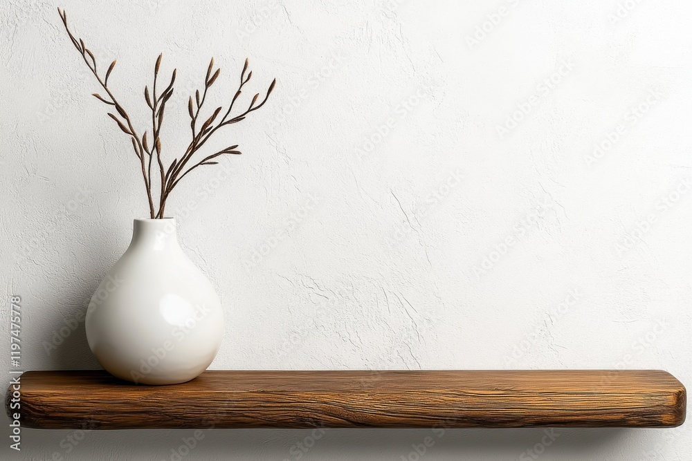 Decorative shelf featuring a minimalistic white vase with delicate branches against a textured wall in a modern interior setting