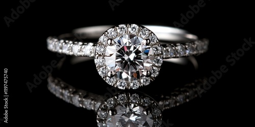 Elegant diamond engagement ring with halo setting and side stones on reflective black background Copy Space