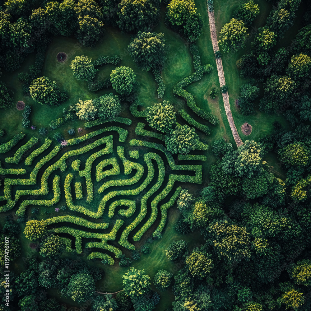 Aerial view of a lush green maze surrounded by forest trees Aerial view of a lush green maze surrounded by forest trees