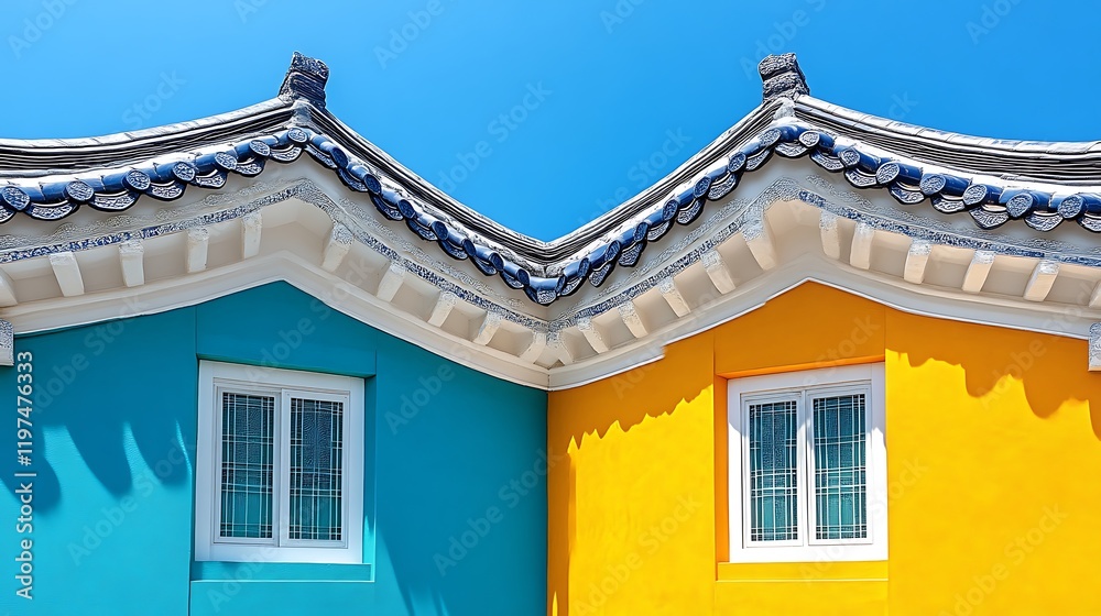 Colorful Building Facade Featuring Asian Architectural Design Colorful Building Facade Featuring Asian Architectural Design