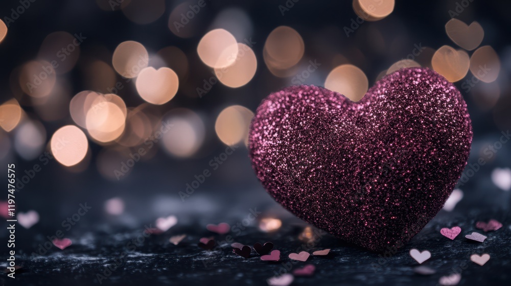 Fototapeta premium A radiant heart rests on a table, surrounded by a flurry of smaller hearts, capturing the essence of love and celebration on Valentine's Day.