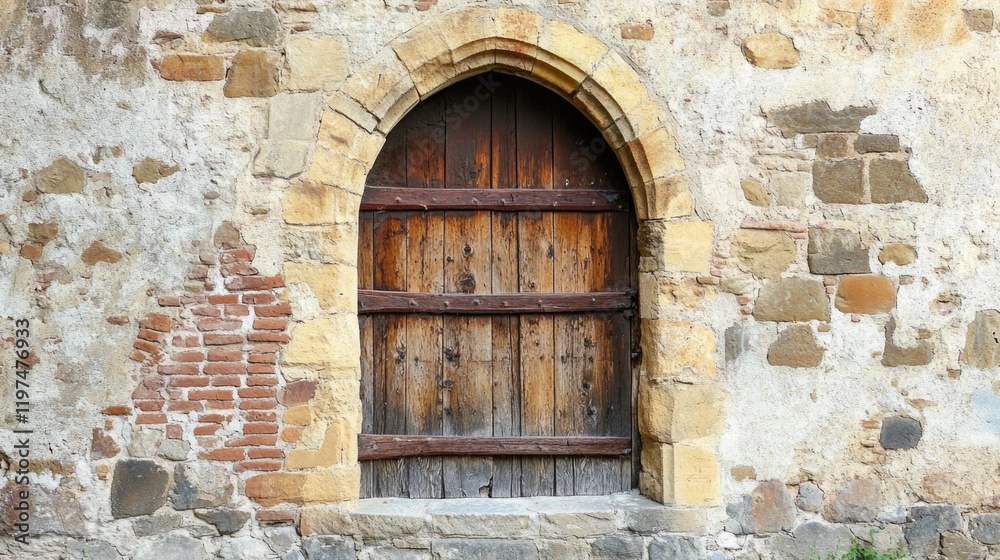Historic stone wall with arched wooden door and brick details Copy Space for text placement Historic stone wall with arched wooden door and brick details Copy Space for text placement
