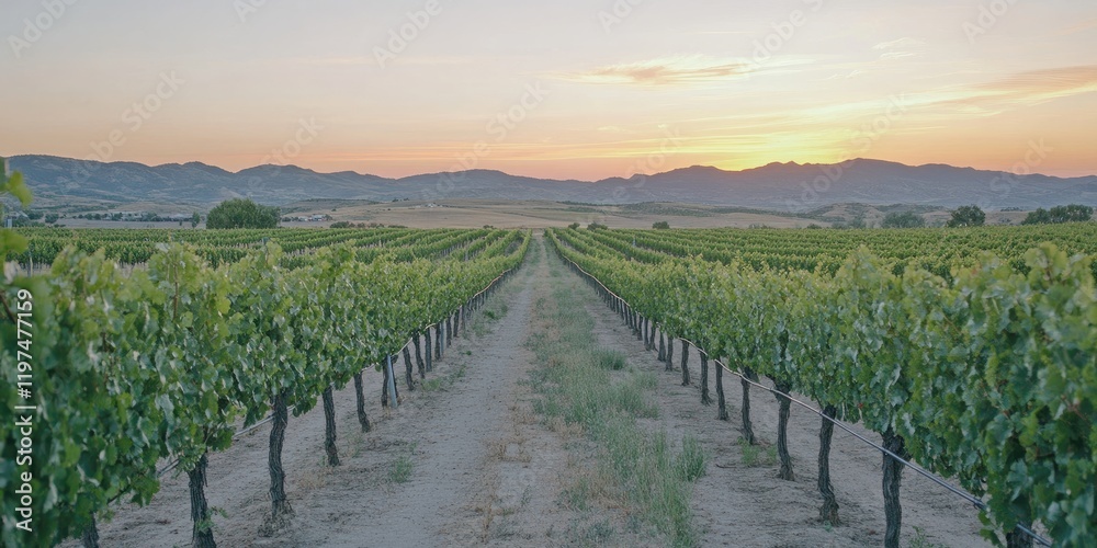 Fototapeta premium Vineyard rows at sunset with mountains in the background and clear sky Copy Space