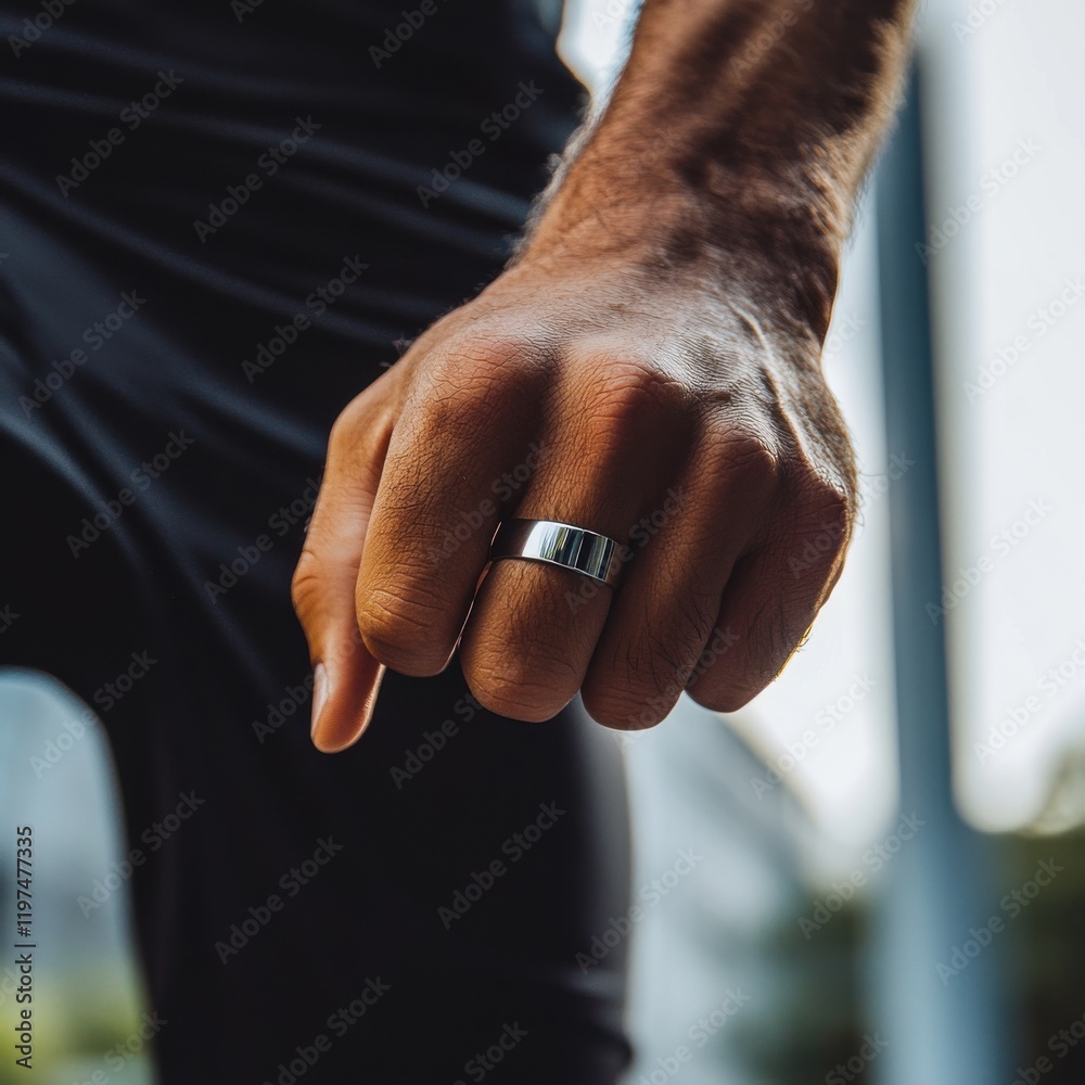 Fototapeta premium Close-up of a hand displaying a sleek ring against a contemporary urban backdrop during daytime