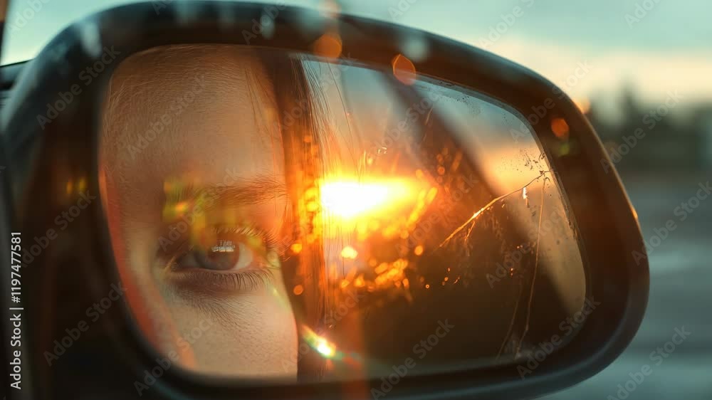 Close up of car rearview mirror reflecting sunset and eye, capturing essence of serene moment.