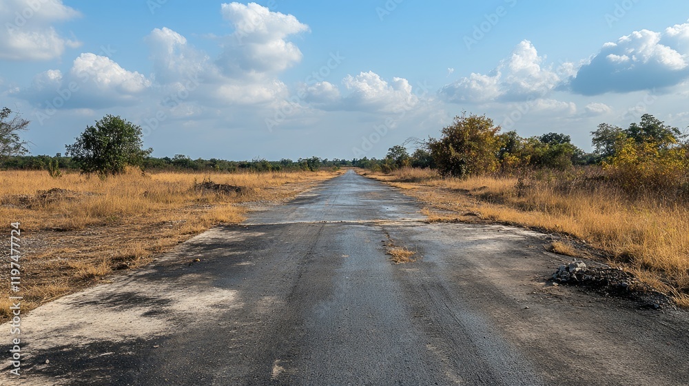 Abandoned road stretching into the distance surrounded by dry grass and sparse trees under a blue sky with clouds Copy Space Abandoned road stretching into the distance surrounded by dry grass and sparse trees under a blue sky with clouds Copy Space