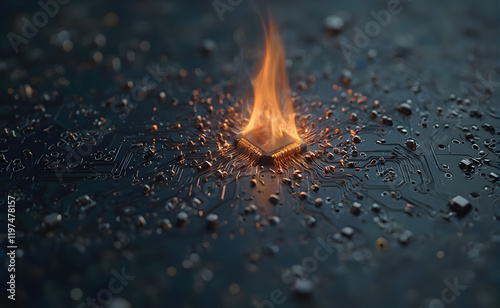 Flaming Central Processing Unit chip on a Circuit Board