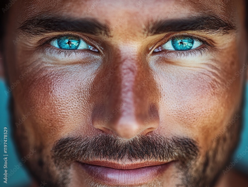 Naklejka premium Intense gaze of a man with striking blue eyes showcasing a rugged facial appearance under natural light