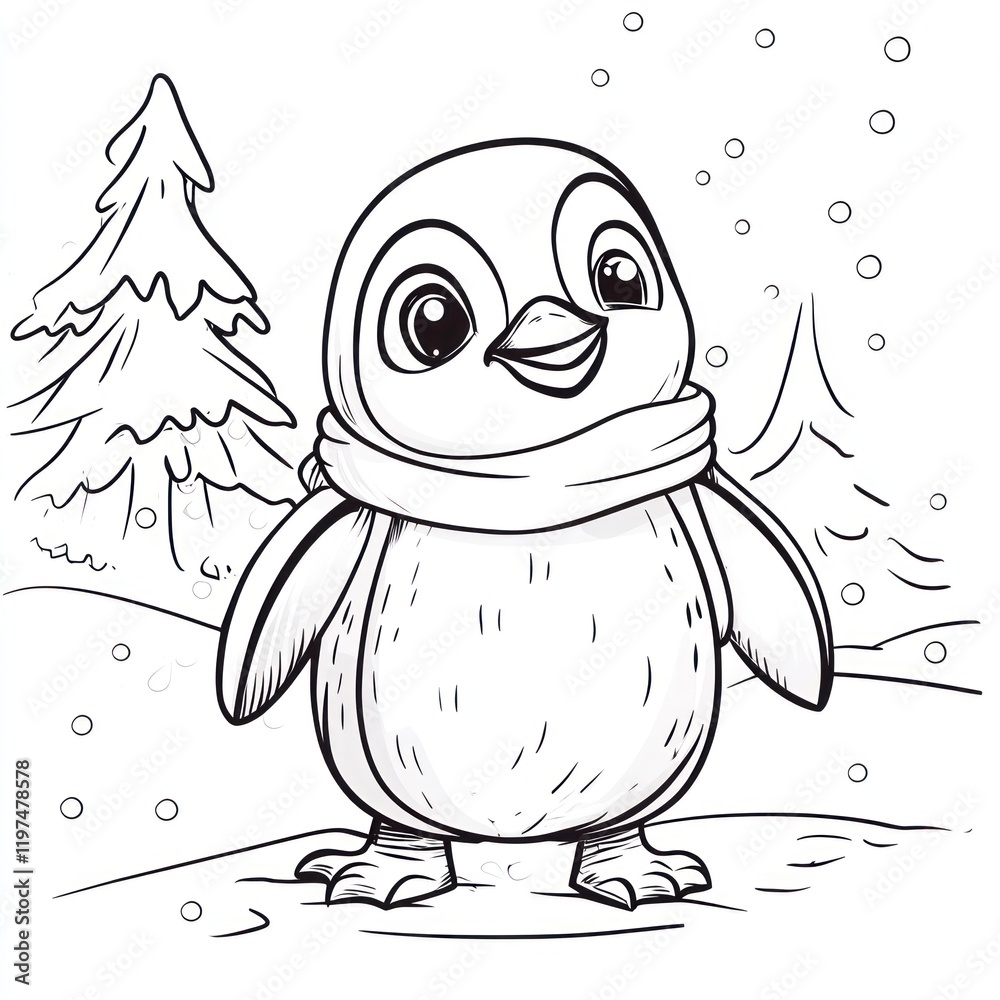 Obraz premium Happy penguin in scarf, snowy landscape, winter scene, coloring page