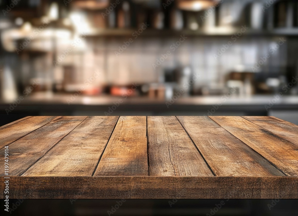 Empty wooden table top with a blurred kitchen background for product display, presentation, or montage of your products. Stock photo with 2/3 space for text. Empty wooden table top with a blurred kitchen background for product display, presentation, or montage of your products. Stock photo with 2/3 space for text.