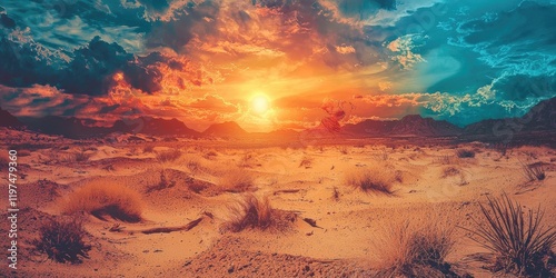 A surreal desert scene with mixed-media overlays. photo