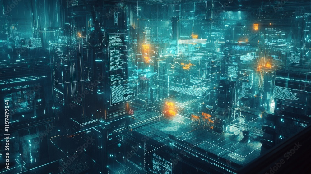 Fototapeta premium Futuristic Digital Cityscape with Blue and Orange Lights in 3D