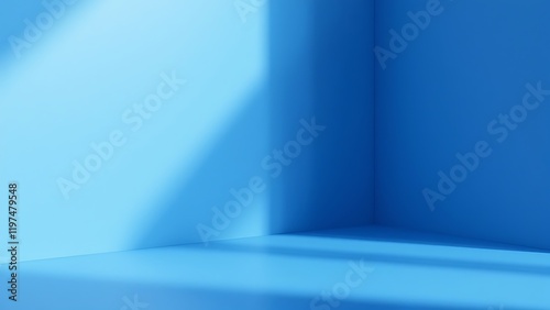 Interior corner wall room blue 3d background of abstract window light stage scene or empty product studio showroom display and blank presentation podium pedestal platform perspective table backdrop.