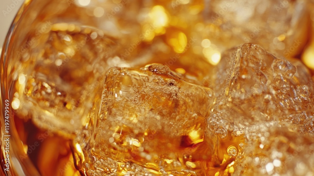 Close-up of whiskey with ice cubes showcasing amber color and texture with Copy Space for text placement. Close-up of whiskey with ice cubes showcasing amber color and texture with Copy Space for text placement.