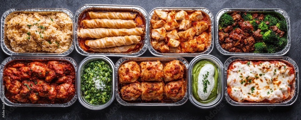 A vibrant display of various delicious food dishes in metal containers, showcasing a variety of textures, colors, and ingredients. A vibrant display of various delicious food dishes in metal containers, showcasing a variety of textures, colors, and ingredients.