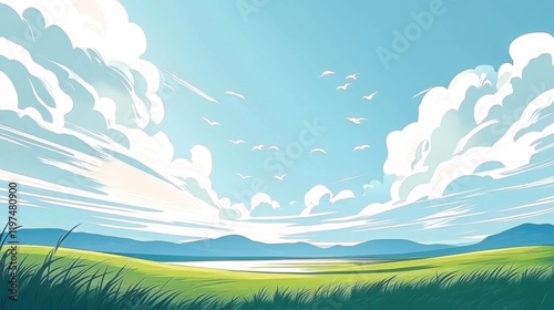 Green Field, Blue Sky, White Clouds, Flying Birds Landscape, Generated AI