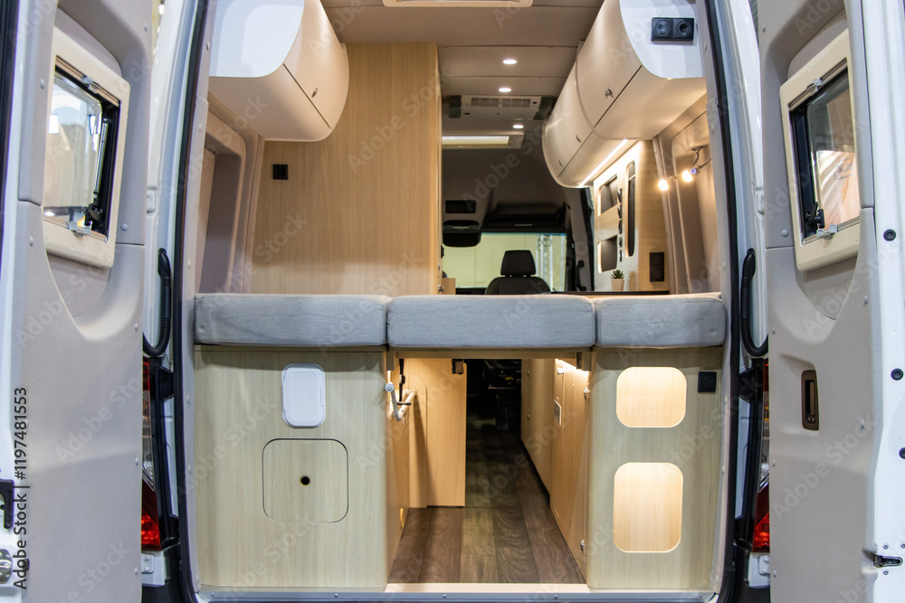 Interior view of the rear door of a motorhome caravan