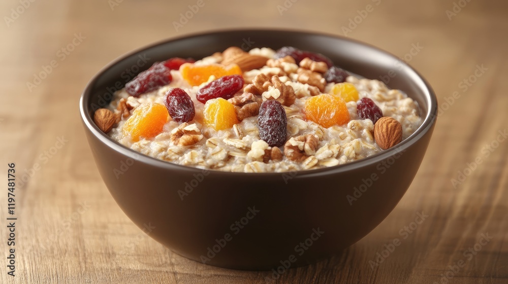 Bowl of oatmeal topped with dried fruits and nuts on wooden table with copy space Bowl of oatmeal topped with dried fruits and nuts on wooden table with copy space
