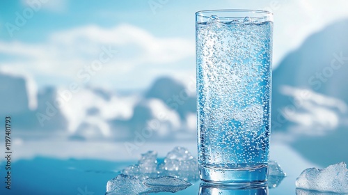 Sparkling Water Glass with Ice Cubes Mountain Background Refreshing Drink photo