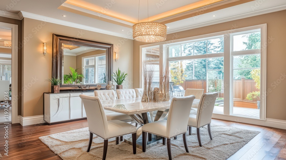 Fototapeta premium An elegant dining space with a marble table, designer chairs, and a large mirror enhancing the room's brightness.