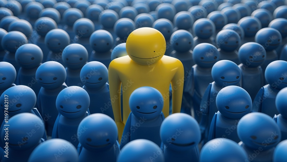 Obraz premium Unique Yellow Figure Standing Out in a Crowded Urban Environment Amidst Dull and Grey Surroundings