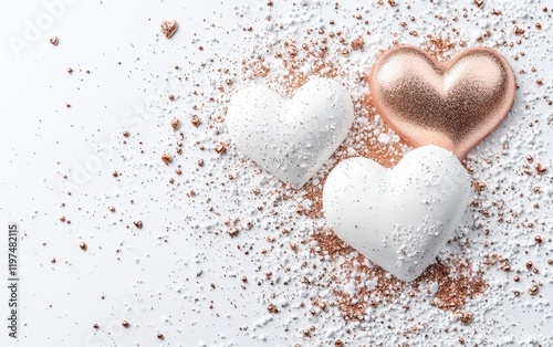 Two delicate hearts rest on a charming table, dusted with soft powder, capturing the essence of love and romance on Valentine's Day.