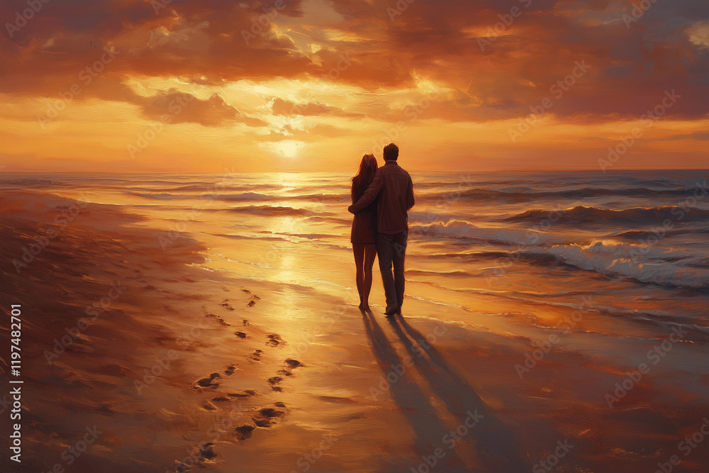 a painting of two people standing on a beach at sunset with the sun setting behind them and the ocean in the background a painting of two people standing on a beach at sunset with the sun setting behind them and the ocean in the background
