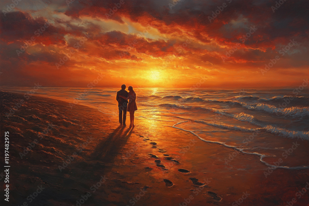 Naklejka premium a painting of two people standing on a beach at sunset with the sun setting behind them and the ocean in the background