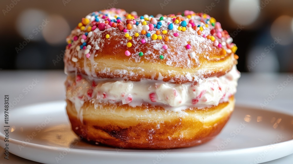 Decadent cream-filled donut topped with colorful sprinkles on a white plate with copy space Decadent cream-filled donut topped with colorful sprinkles on a white plate with copy space