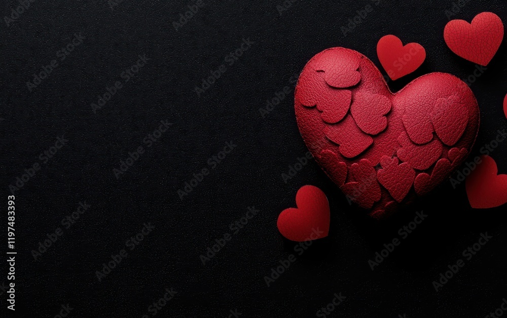 Obraz premium A vibrant red heart surrounded by smaller hearts, all set against a deep black background, radiating love and passion for Valentine's Day.