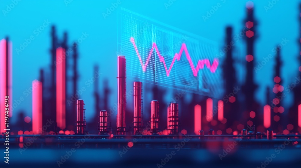 Naklejka premium A vibrant digital visualization of data trends with neon pink and blue hues, featuring a fluctuating graph overlaid on a cityscape of tall structures.