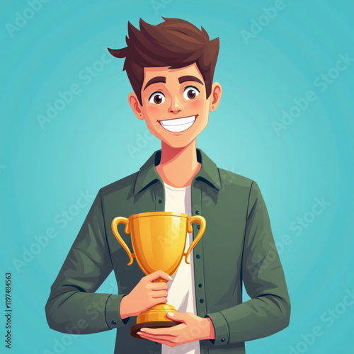 The image depicts a cartoon man with brown hair and a beard, wearing a light gray t-shirt. He is smiling brightly and holding a golden trophy cup in his hand. blue background.