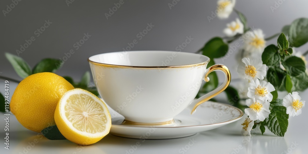 Elegant white tea cup with gold rim beside fresh lemon half and blossoms on a soft gradient background Copy Space
