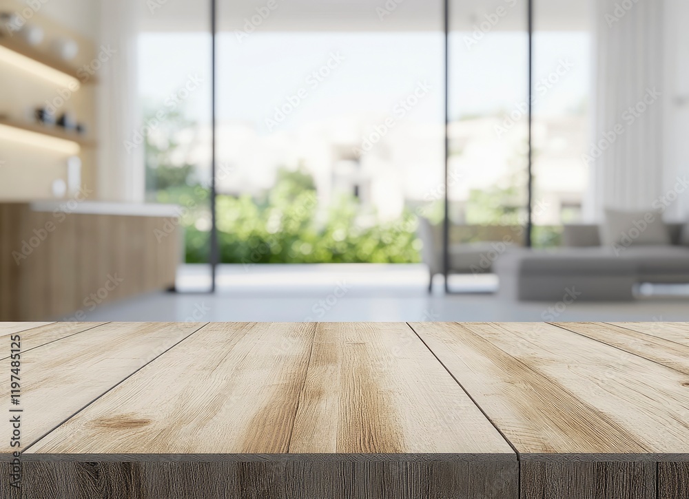 Empty wooden table top with a blurred kitchen background for product display, presentation, or montage of your products. Stock photo with 2/3 space for text.