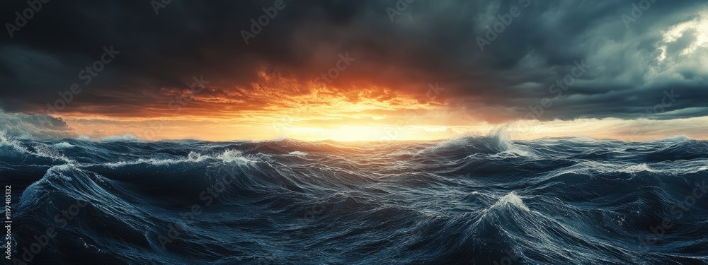 Fototapeta premium Dramatic ocean waves under dark clouds with vibrant sunset sky and copy space for text inclusion