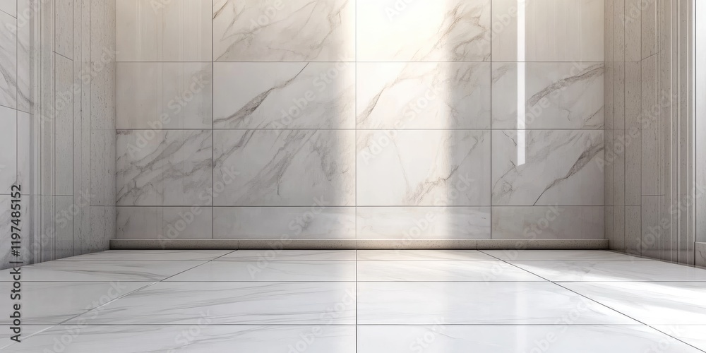 Obraz premium Modern marble interior with high gloss floor tiles and textured wall, ideal for showcasing design elements and Copy Space for text.